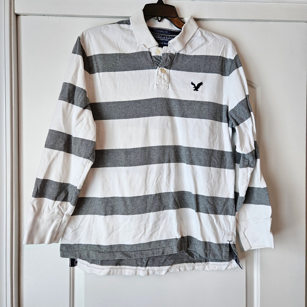 American Eagle Long Sleeve Gray White Striped Eagle Polo Mens XL Rugby Preppy - Picture 2 of 6